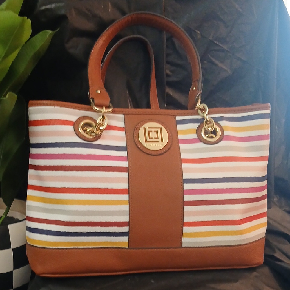 Liz Claiborne Colorful Striped Tote with Brown Accents